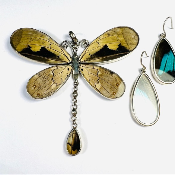 Super Pretty Real Blue Butterfly Sterling Silver Pendant and Earrings Set - Picture 4 of 9